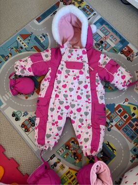 Kids Heart-Print Pink Snowsuit with Hood